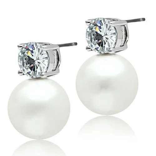 Alamode Earrings 3W088 Rhodium Brass Earrings with Synthetic Pearl in White