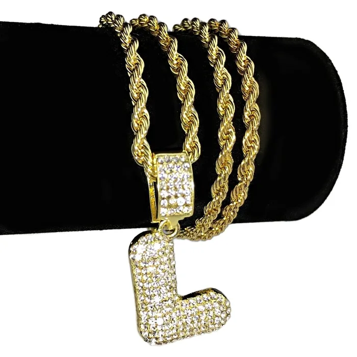 Bling Cartel Admin Necklaces Bubble Letter L Gold Finish Rope Chain Necklace 24