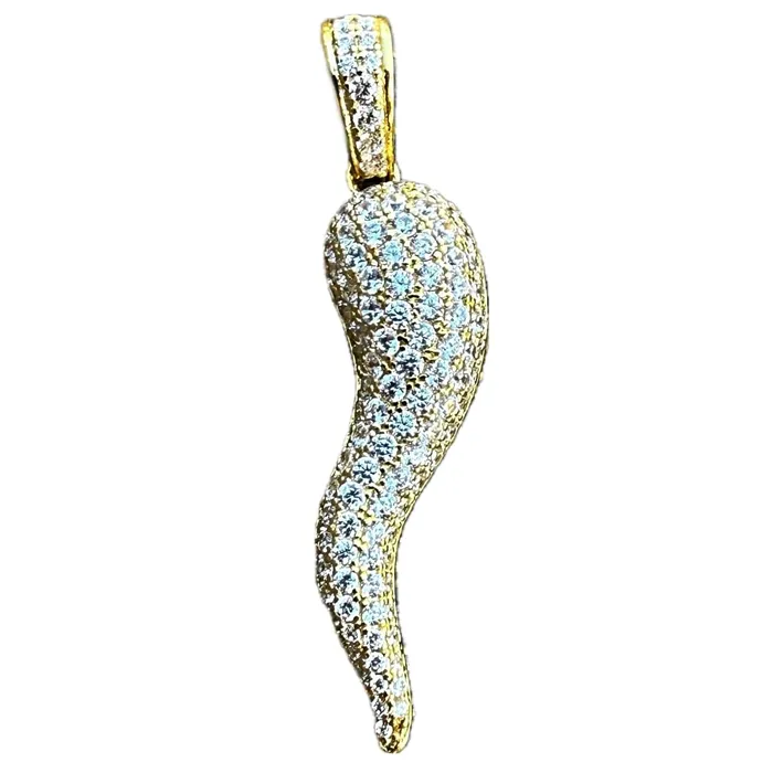 Bling Cartel Necklaces 14k Gold Plated over 925 Sterling Silver Italian Horn Cornicello Cuerno CZ Iced Pendant
