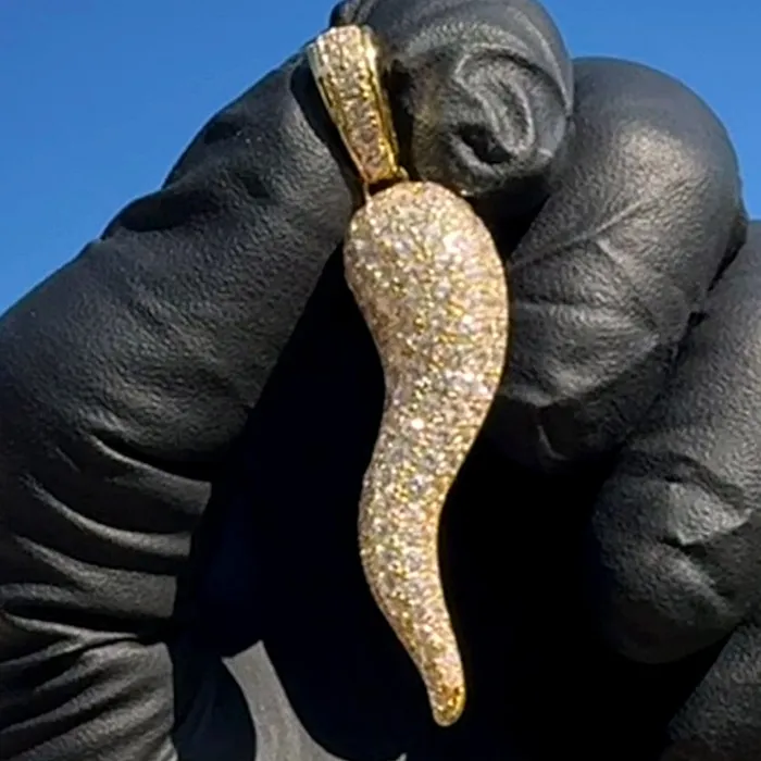 Bling Cartel Necklaces 14k Gold Plated over 925 Sterling Silver Italian Horn Cornicello Cuerno CZ Iced Pendant Bling Cartel Necklaces 14k Gold Plated over 925 Sterling Silver Italian Horn Cornicello Cuerno CZ Iced Pendant
