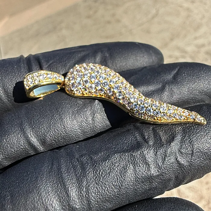 Bling Cartel Necklaces 14k Gold Plated over 925 Sterling Silver Italian Horn Cornicello Cuerno CZ Iced Pendant Bling Cartel Necklaces 14k Gold Plated over 925 Sterling Silver Italian Horn Cornicello Cuerno CZ Iced Pendant