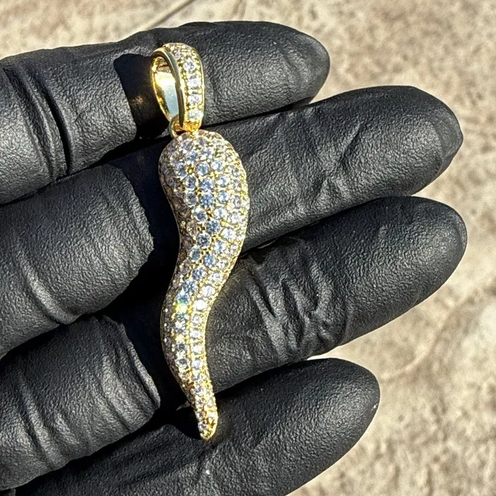 Bling Cartel Necklaces 14k Gold Plated over 925 Sterling Silver Italian Horn Cornicello Cuerno CZ Iced Pendant Bling Cartel Necklaces 14k Gold Plated over 925 Sterling Silver Italian Horn Cornicello Cuerno CZ Iced Pendant