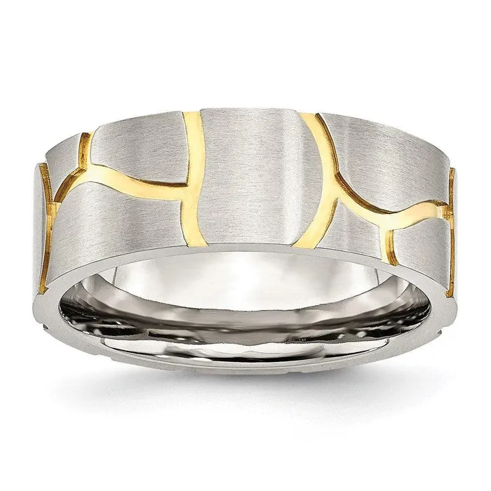 Chisel Rings Stainless Steel Grooved Yellow IPplated Mens 8mm Brushed Band