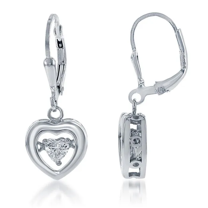 Classic Earrings Sterling Silver Open Heart with Center Dancing CZ Earrings