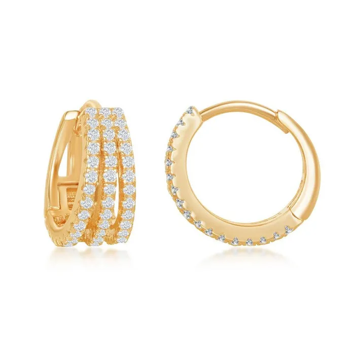 Classic Sterling Silver Gold Plated Triple Row CZ Hoop Earrings Earrings