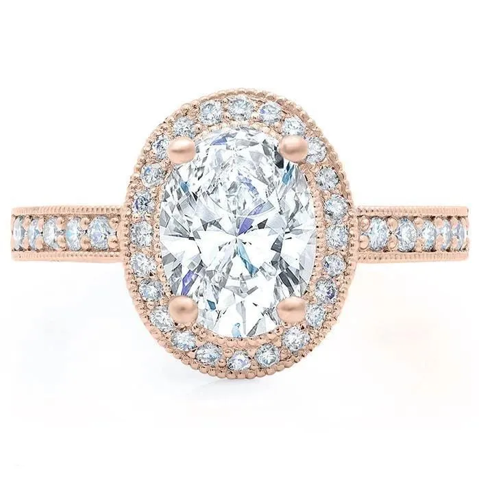 deBebians Rings Nature Inspired Oval Halo Engagement Ring with Leaf Basket
