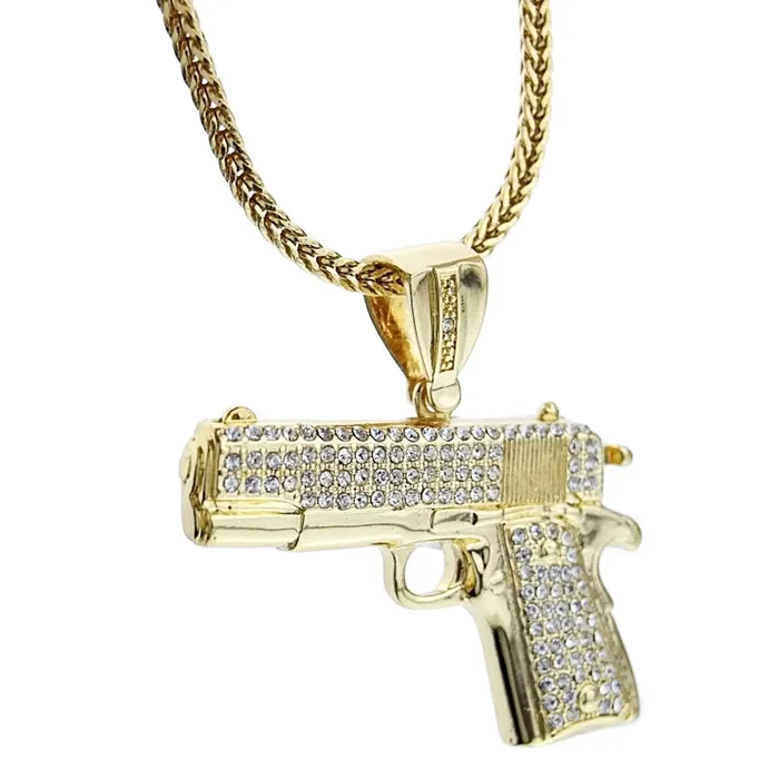 Necklaces Bling Cartel Admin Gun Pistol Iced Pendant Gold Finish 36 Franco Chain Necklace