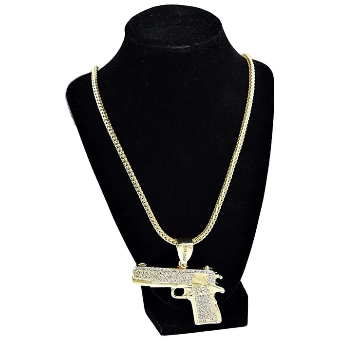 Necklaces Bling Cartel Admin Gun Pistol Iced Pendant Gold Finish 36 Franco Chain Necklace
