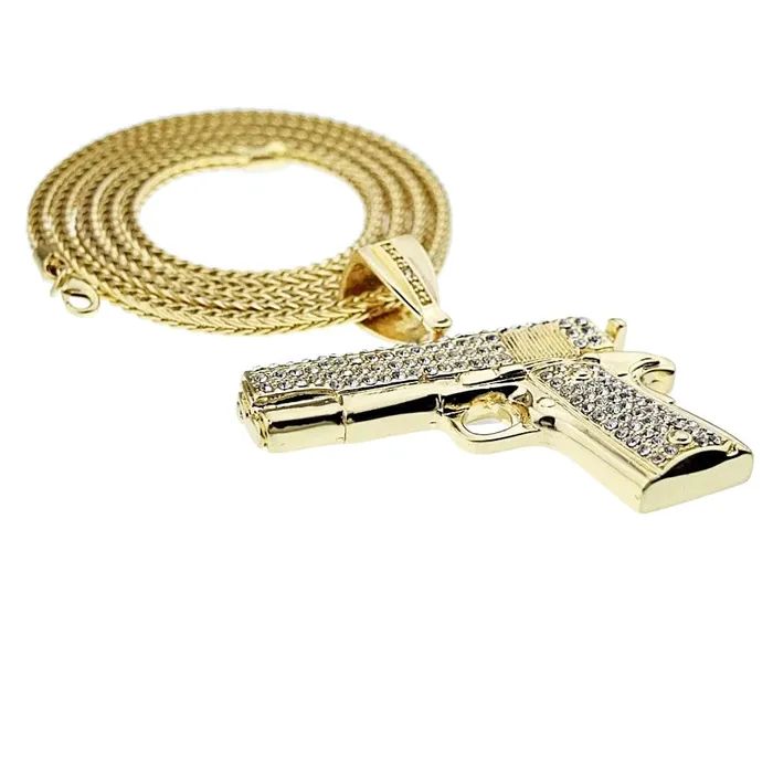 Necklaces Bling Cartel Admin Gun Pistol Iced Pendant Gold Finish 36 Franco Chain Necklace