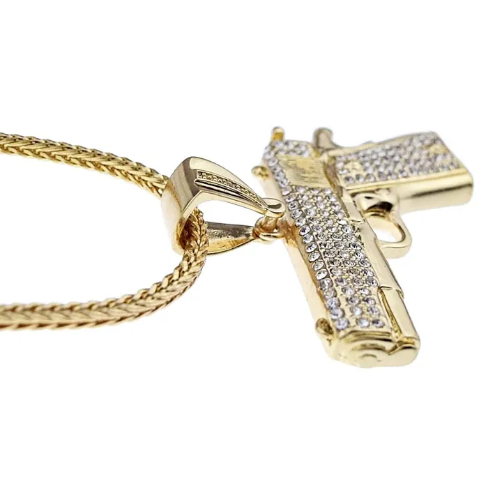 Necklaces Bling Cartel Admin Gun Pistol Iced Pendant Gold Finish 36 Franco Chain Necklace