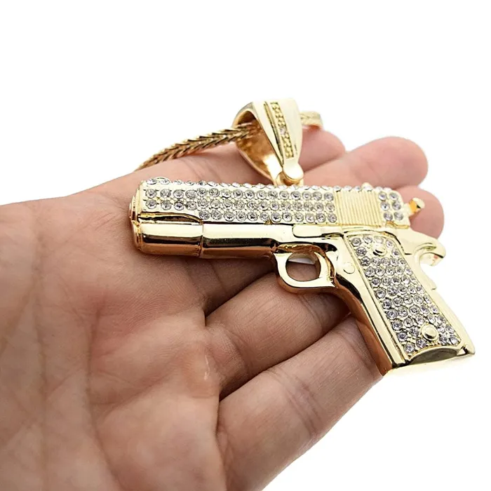Necklaces Bling Cartel Admin Gun Pistol Iced Pendant Gold Finish 36 Franco Chain Necklace
