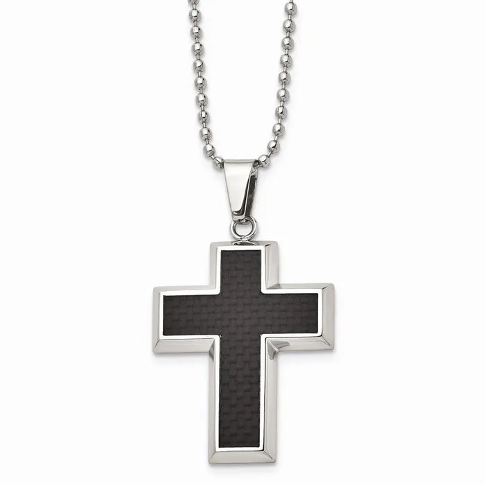 Necklaces Chisel Stainless Steel Polished wCarbon Fiber Inlay Cross 22in Necklace
