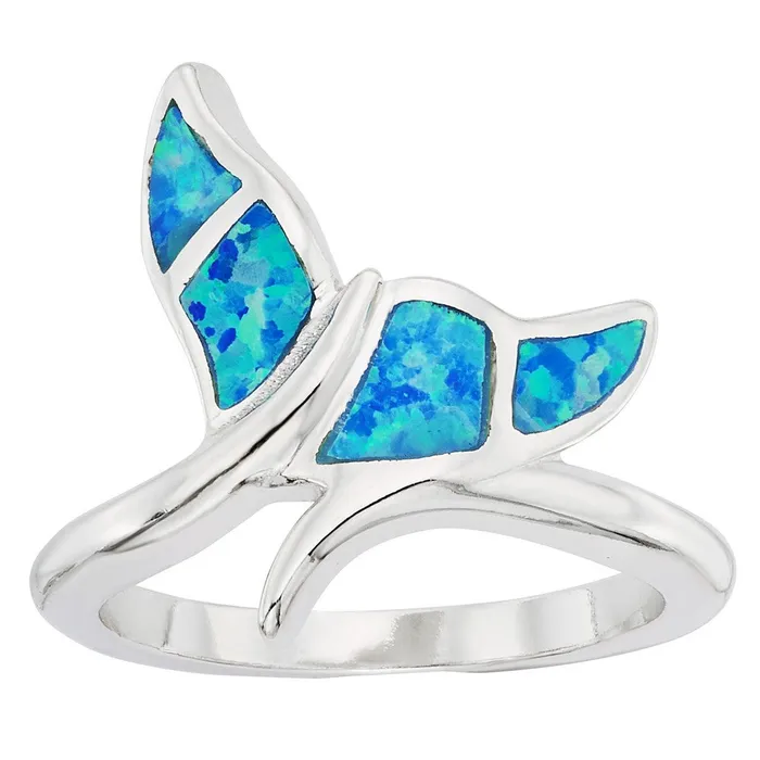 Rings Classic Sterling Silver Blue Inlay Opal Whale Tail Ring W9776