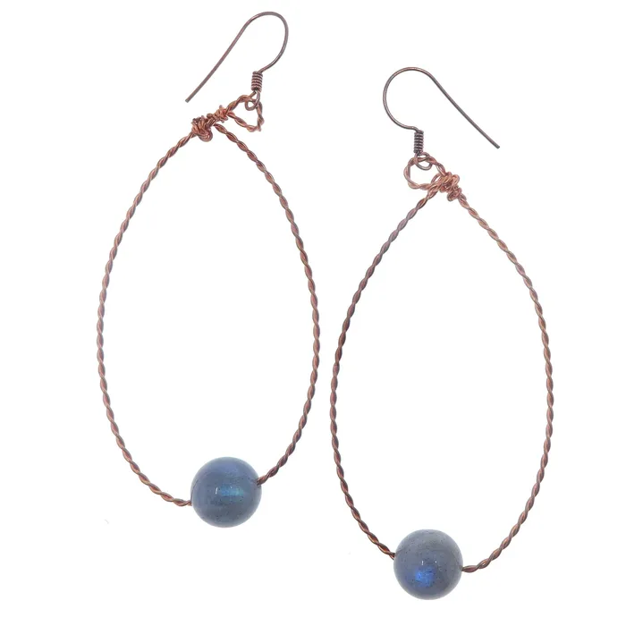 Satin Crystals Earrings Labradorite Earrings Rainbow Flash Hoops of Copper