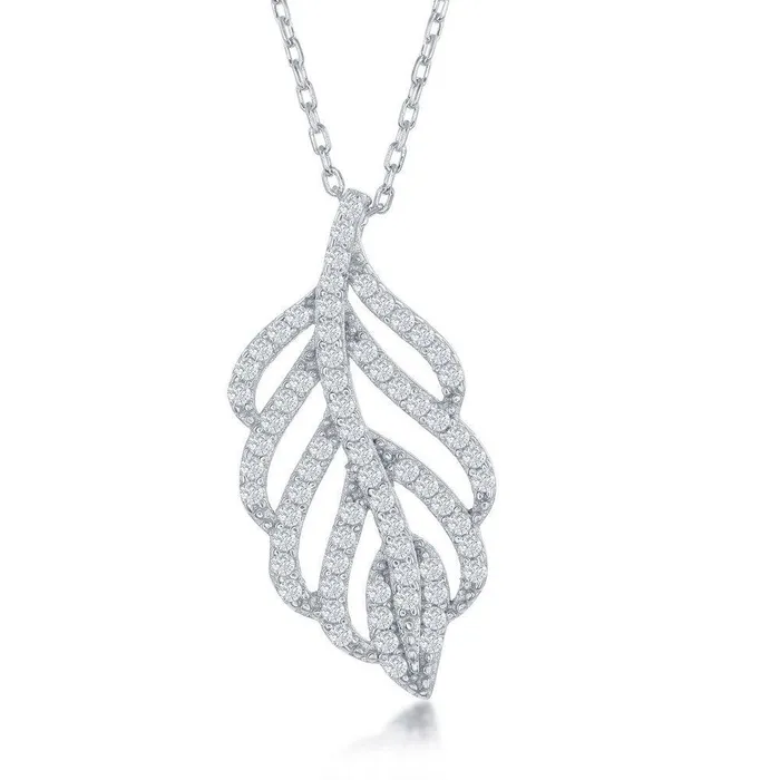 Sterling Silver Open Cubic Zirconia Leaf Design Necklace Classic Necklaces