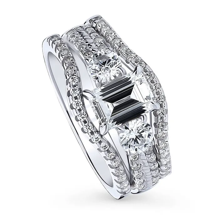 3Stone 1ct Emerald Cut CZ Ring Set in Sterling Silver BERRICLE Rings