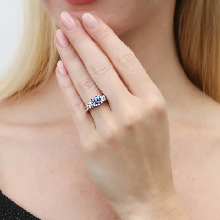 BERRICLE Rings 3Stone Kaleidoscope Purple Aqua CZ Ring Set in Sterling Silver