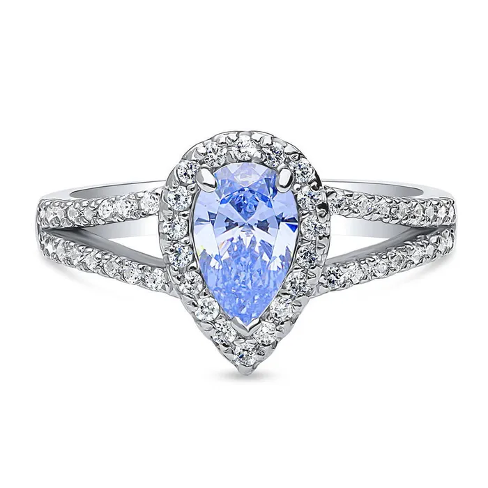 BERRICLE Rings Halo Blue Pear CZ Split Shank Ring in Sterling Silver
