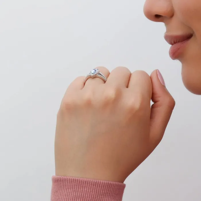 BERRICLE Rings Halo Blue Pear CZ Split Shank Ring in Sterling Silver