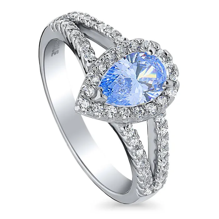 BERRICLE Rings Halo Blue Pear CZ Split Shank Ring in Sterling Silver