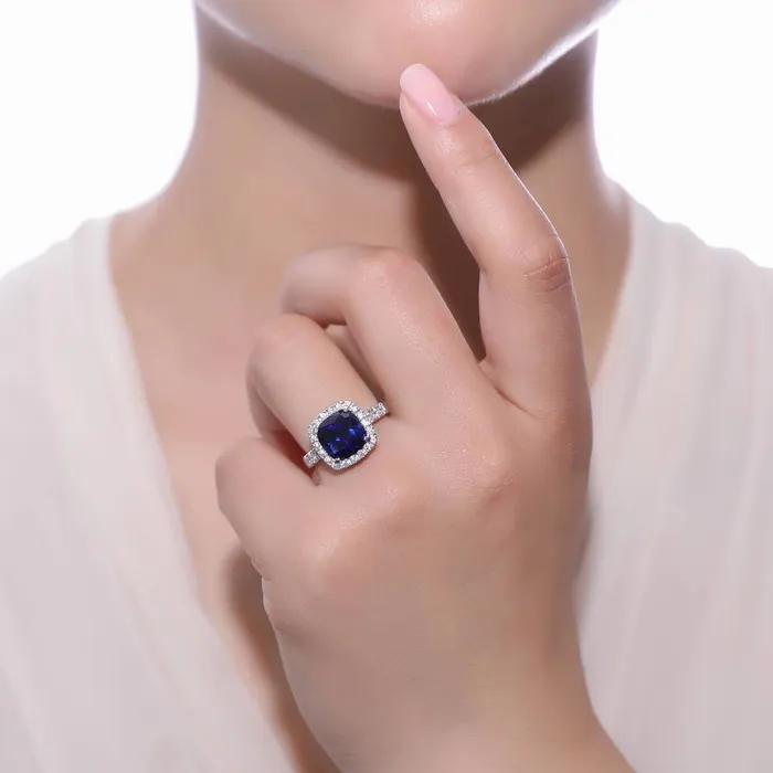 BERRICLE Rings Halo Simulated Blue Sapphire Cushion CZ Ring in Sterling Silver