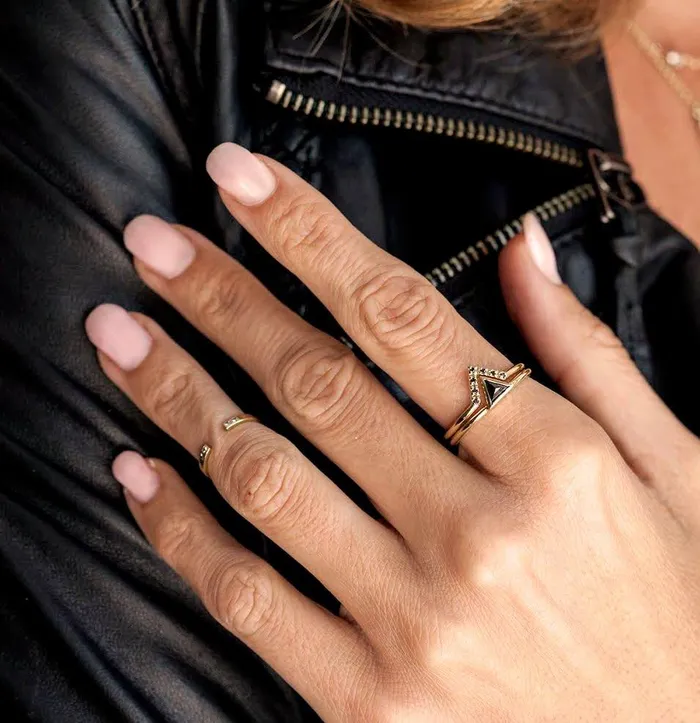 Capucinne Rings Elegant Black Diamond Chevron Gold Ring with Prong Setting Ready to Ship