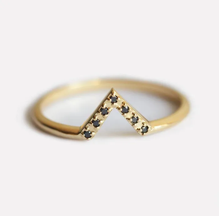 Capucinne Rings Elegant Black Diamond Chevron Gold Ring with Prong Setting Ready to Ship