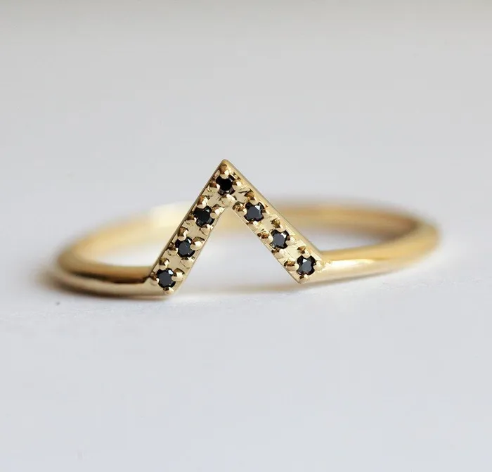 Capucinne Rings Elegant Black Diamond Chevron Gold Ring with Prong Setting Ready to Ship