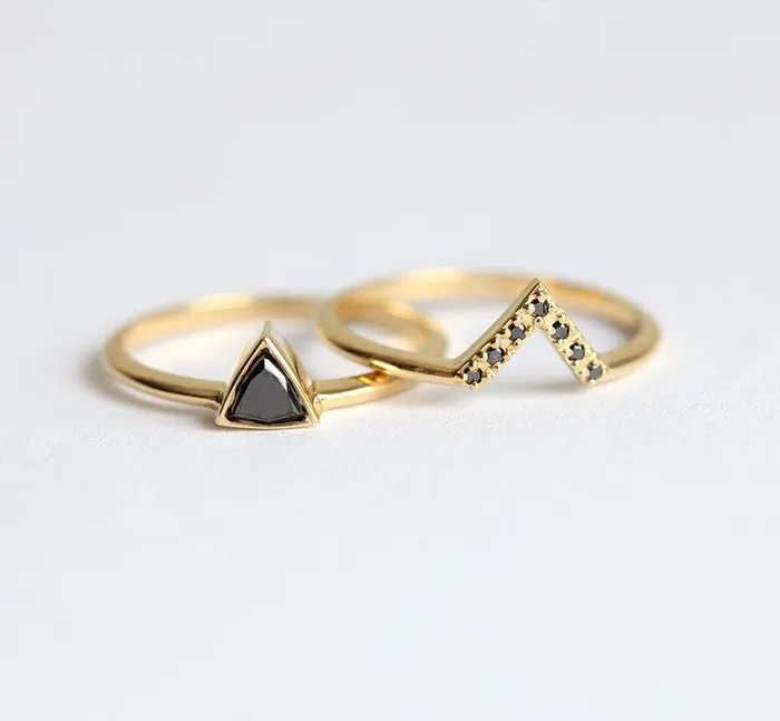 Capucinne Rings Elegant Black Diamond Chevron Gold Ring with Prong Setting Ready to Ship