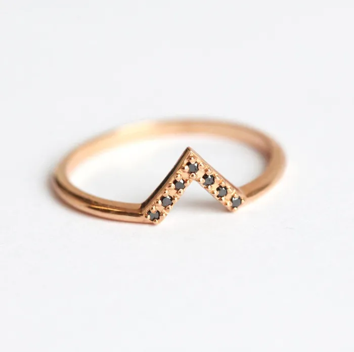 Capucinne Rings Elegant Black Diamond Chevron Gold Ring with Prong Setting Ready to Ship