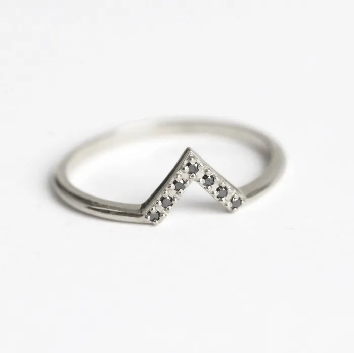 Capucinne Rings Elegant Black Diamond Chevron Gold Ring with Prong Setting Ready to Ship