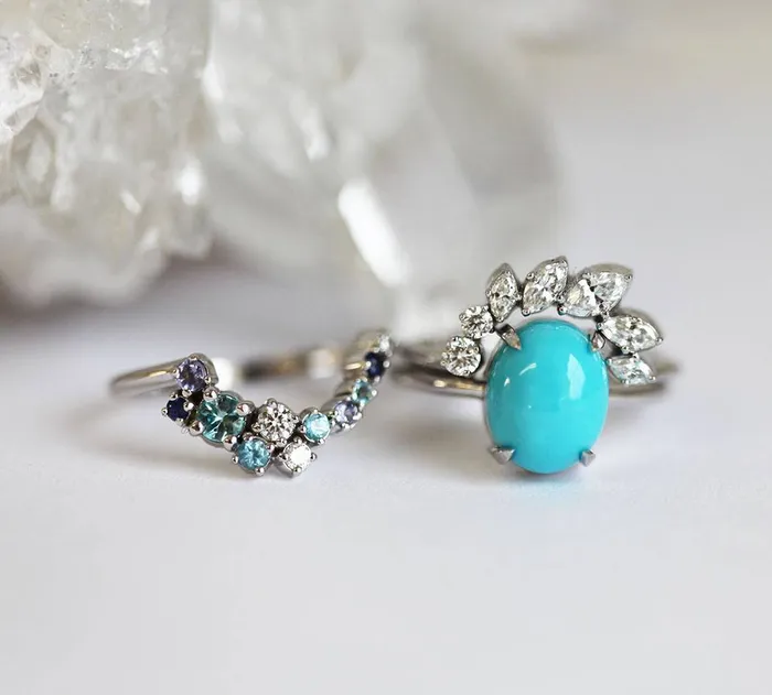 Capucinne Wave Ring Set Unique Engagement Ring Set Rings