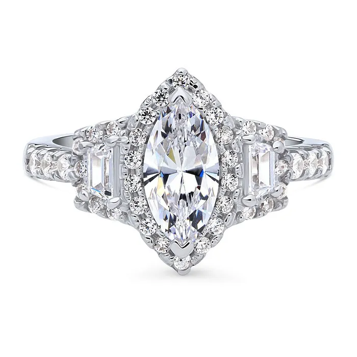 Rings 3Stone Halo 1ct Marquise CZ Ring in Sterling Silver BERRICLE