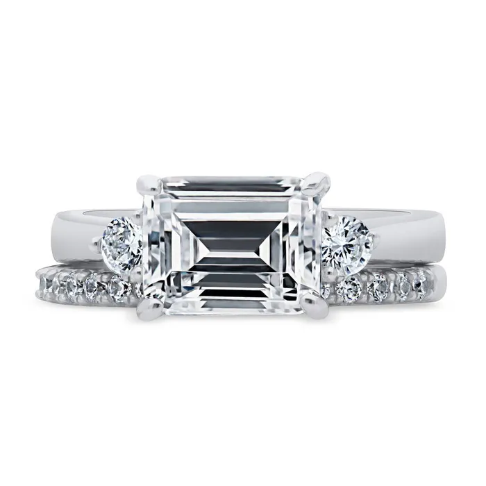 Rings BERRICLE 3Stone EastWest Emerald Cut CZ Ring Set in Sterling Silver