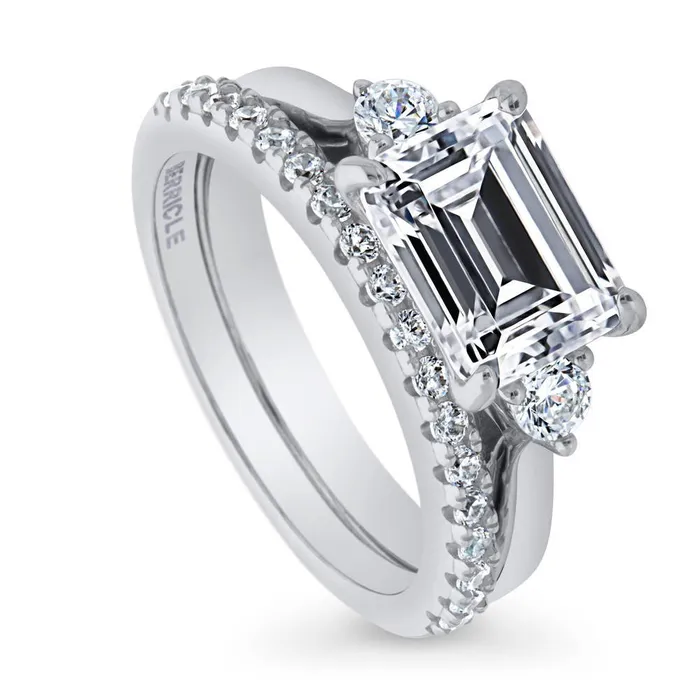 Rings BERRICLE 3Stone EastWest Emerald Cut CZ Ring Set in Sterling Silver