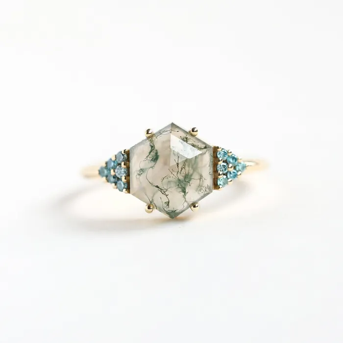 Rings Capucinne River Hexagon Moss Agate Ring