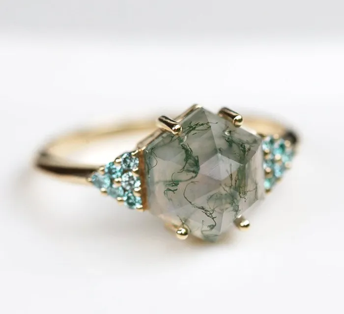 Rings Capucinne River Hexagon Moss Agate Ring