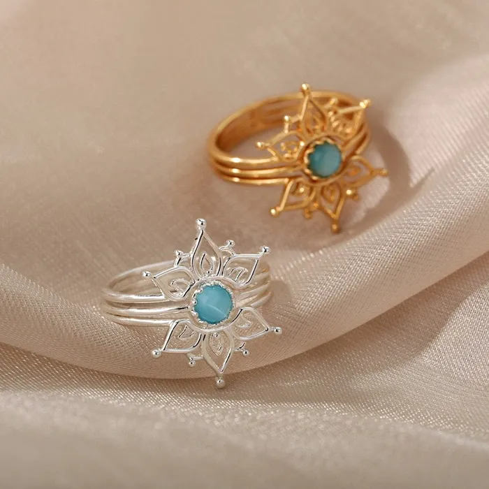 wickedafstore Rings Blue Opal Lotus Flower Ring