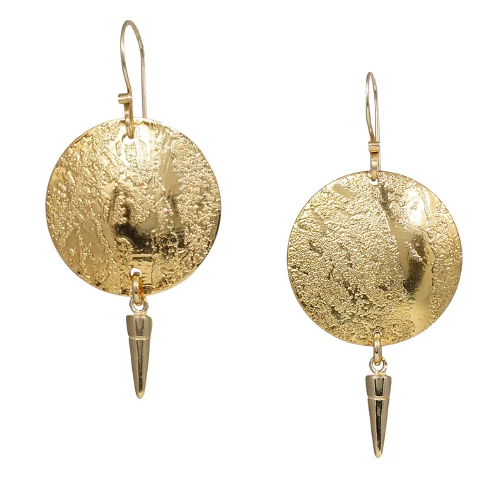 Acid Etched Disk Gold Earrings with Spike Q Evon Earrings