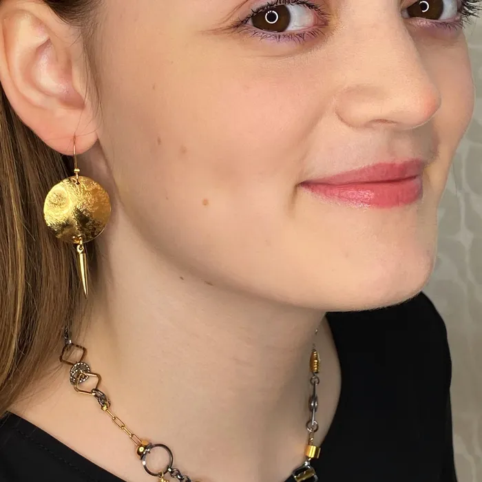 Acid Etched Disk Gold Earrings with Spike Q Evon Earrings