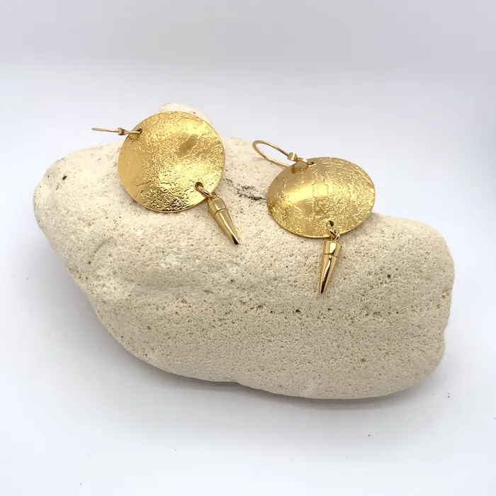 Acid Etched Disk Gold Earrings with Spike Q Evon Earrings