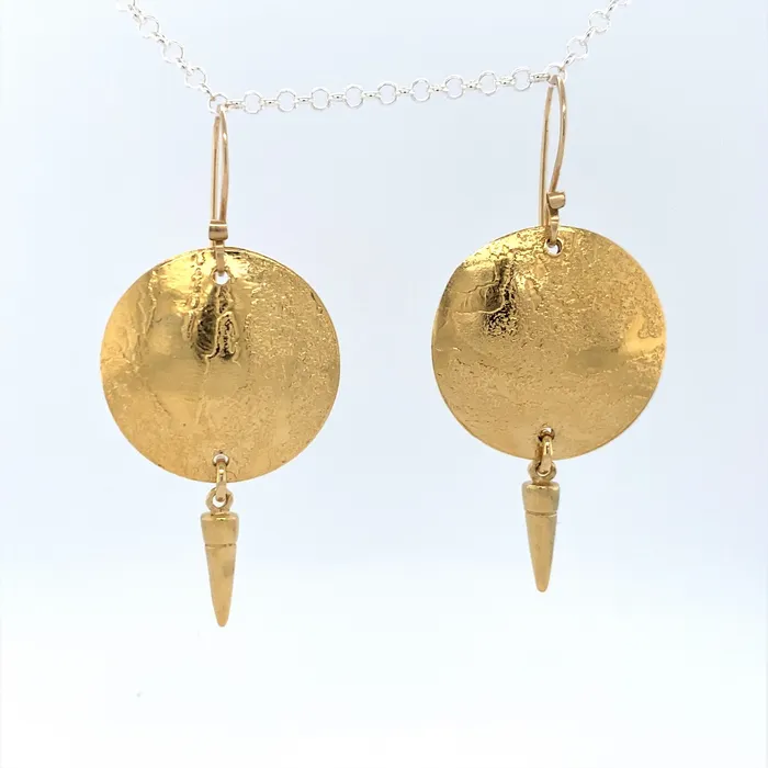 Acid Etched Disk Gold Earrings with Spike Q Evon Earrings