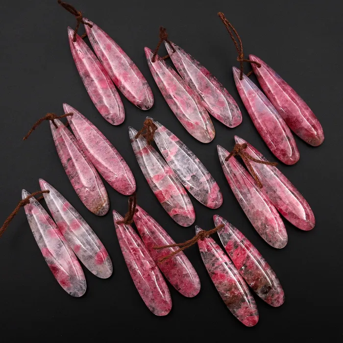 Earrings Intrinsic Trading Natural Red Pink Rhodonite In Quartz Earring Pair Teardrop Cabochon Drilled Matched Gemstone Beads