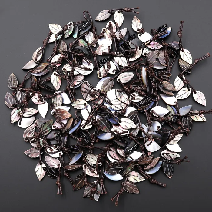 Intrinsic Trading Earrings AAA Iridescent Hand Carved Natural Black Mother of Pearl Shell Teardrop Leaf Earrings Matched Beads Pair