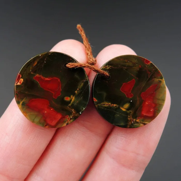 Intrinsic Trading Earrings Natural Red Creek Jasper Earring Pair Cabochon Cab Pair Drilled Circle Round Matched Earrings Bead Pair E1672