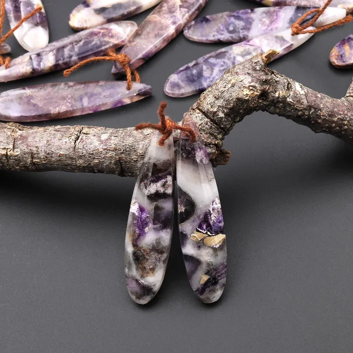 Intrinsic Trading Earrings Translucent Natural African Petrified Purple Opal Earring Pair Matched Teardrop Gemstone Beads A9
