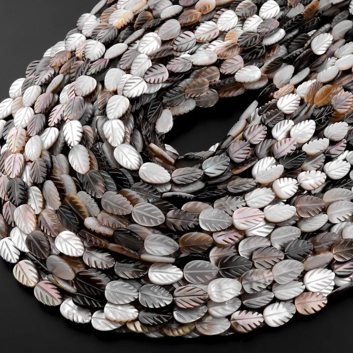 Intrinsic Trading Necklaces AAA Iridescent Hand Carved Natural Black Golden Smoky Champaign Brown Mother of Pearl Shell Beads Teardrop Leaf Shape 155 Strand