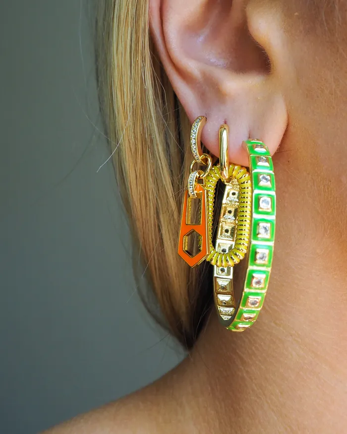 Luv Aj Earrings XL Pyramid Stud Hoops Bright Green Gold Luv Aj Earrings XL Pyramid Stud Hoops Bright Green Gold