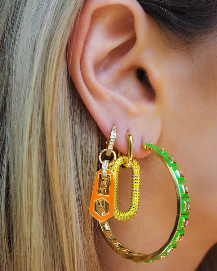 Luv Aj Earrings XL Pyramid Stud Hoops Bright Green Gold Luv Aj Earrings XL Pyramid Stud Hoops Bright Green Gold