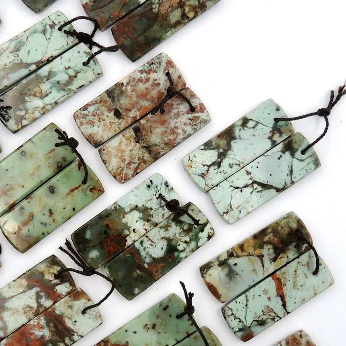 Natural African Green Opal Earring Pair Flat Rectangle Cabochon Cab Pair Drilled Matched Gemstone Bead Pair Intrinsic Trading Earrings
